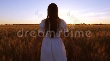 在野外旅行的女孩。 快乐的女孩走过一片黄麦的田野，用自己的手触摸麦子的耳朵